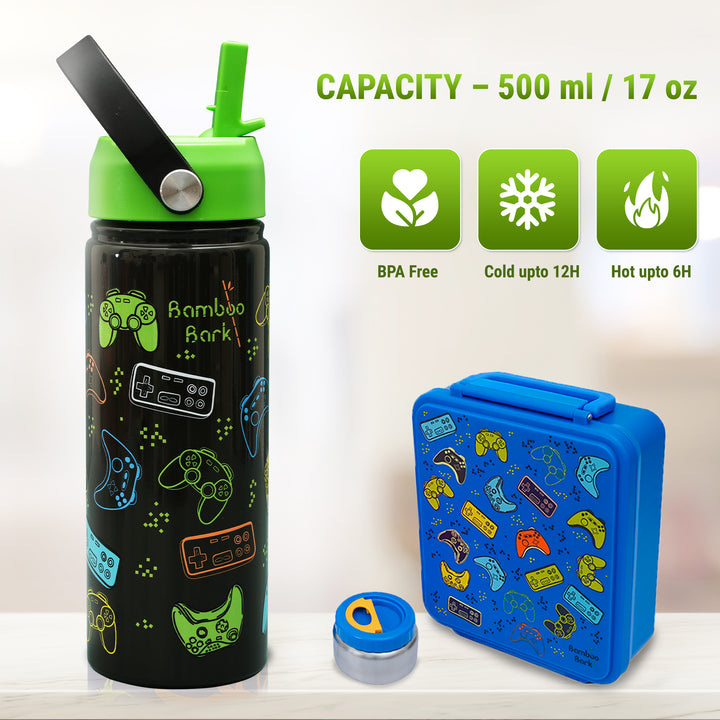 Bamboo Bark Insulated Water Bottle for Kids 500 ml / 17 oz - Kids Water Bottle with Straw & Handle - BPA Free Stainless Steel Water Bottle - Toddler & Kids Water Bottle for School