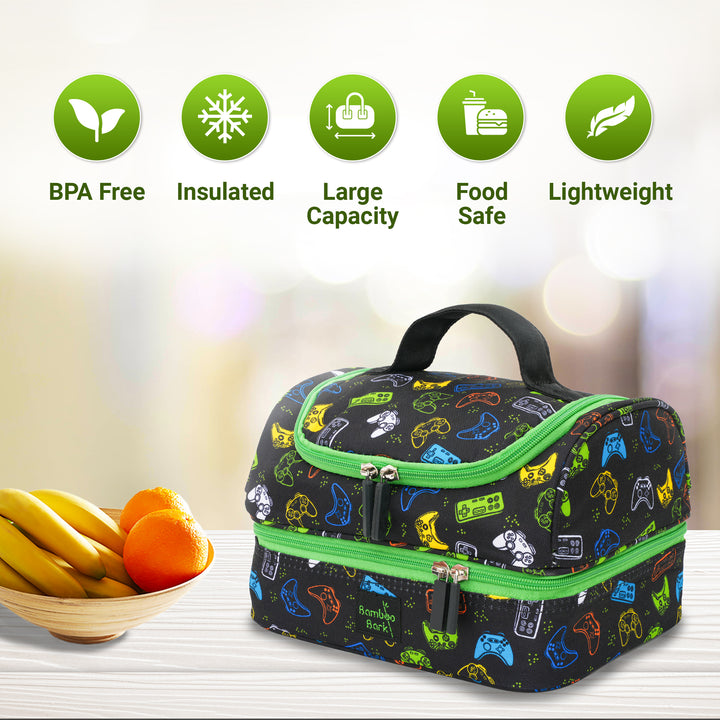 Bamboo Bark Insulated Lunch Bag for Kids - 100% High Quality Polyester - Double Insulated Lunch Tote with Top Handle & Extra Storage for School, Work, Picnics - 2 Compartments (Copy) (Copy)